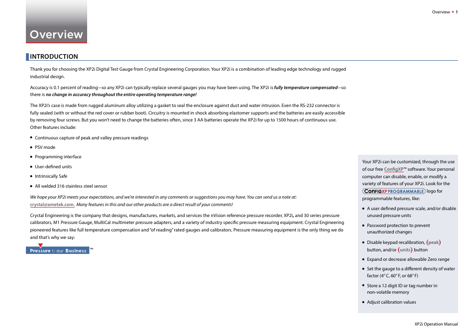 Overview, Introduction | Crystal DataLoggerXP Digital Pressure Gauge Software User Manual | Page 3 / 43