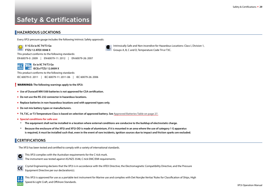 Safety & certifications, Hazardous locations, Certifications | Crystal DataLoggerXP Digital Pressure Gauge Software User Manual | Page 31 / 43