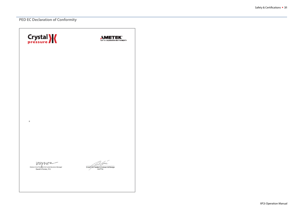 Ped ec declaration of conformity, Declaration of conformity | Crystal DataLoggerXP Digital Pressure Gauge Software User Manual | Page 33 / 43