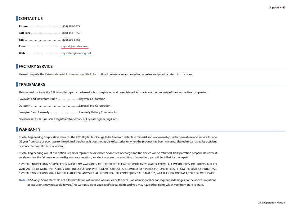 Contact us, Factory service, Trademarks | Warranty | Crystal DataLoggerXP Digital Pressure Gauge Software User Manual | Page 42 / 43