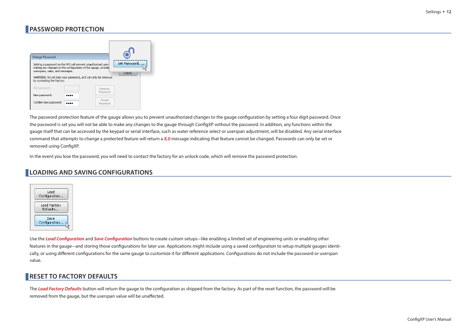 Password protection, Loading and saving configurations, Reset to factory defaults | Loading and saving confi gurations | Crystal ConfigXP Digital Pressure Gauge Software User Manual | Page 12 / 15