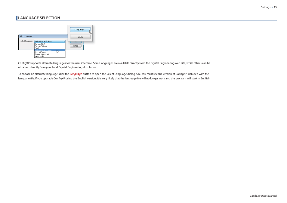 Language selection | Crystal ConfigXP Digital Pressure Gauge Software User Manual | Page 13 / 15