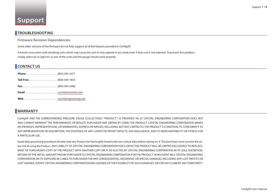 Support, Troubleshooting, Contact us | Warranty | Crystal ConfigXP Digital Pressure Gauge Software User Manual | Page 14 / 15