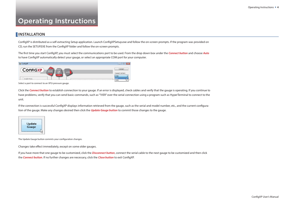 Operating instructions, Installation | Crystal ConfigXP Digital Pressure Gauge Software User Manual | Page 4 / 15