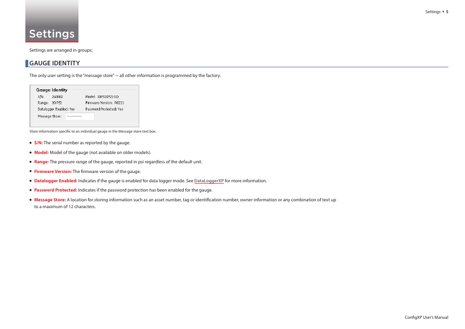 Settings, Gauge identity | Crystal ConfigXP Digital Pressure Gauge Software User Manual | Page 5 / 15