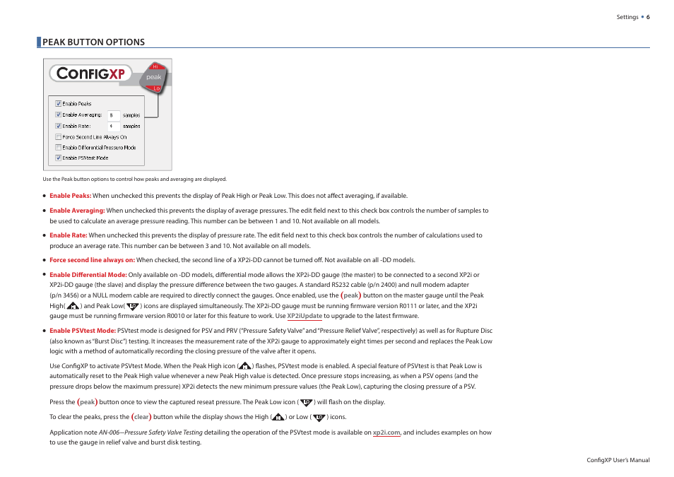 Peak button options | Crystal ConfigXP Digital Pressure Gauge Software User Manual | Page 6 / 15