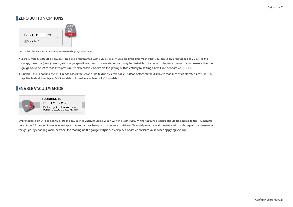 Zero button options, Enable vacuum mode | Crystal ConfigXP Digital Pressure Gauge Software User Manual | Page 7 / 15