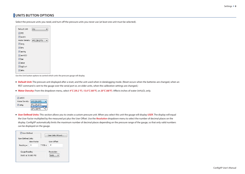 Units button options | Crystal ConfigXP Digital Pressure Gauge Software User Manual | Page 8 / 15