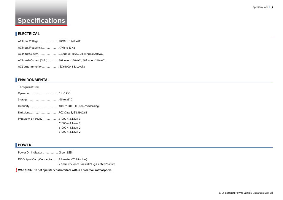 Specifications, Electrical, Environmental | Power | Crystal WT Series Panel Mount Digital Pressure Gauge User Manual | Page 5 / 7