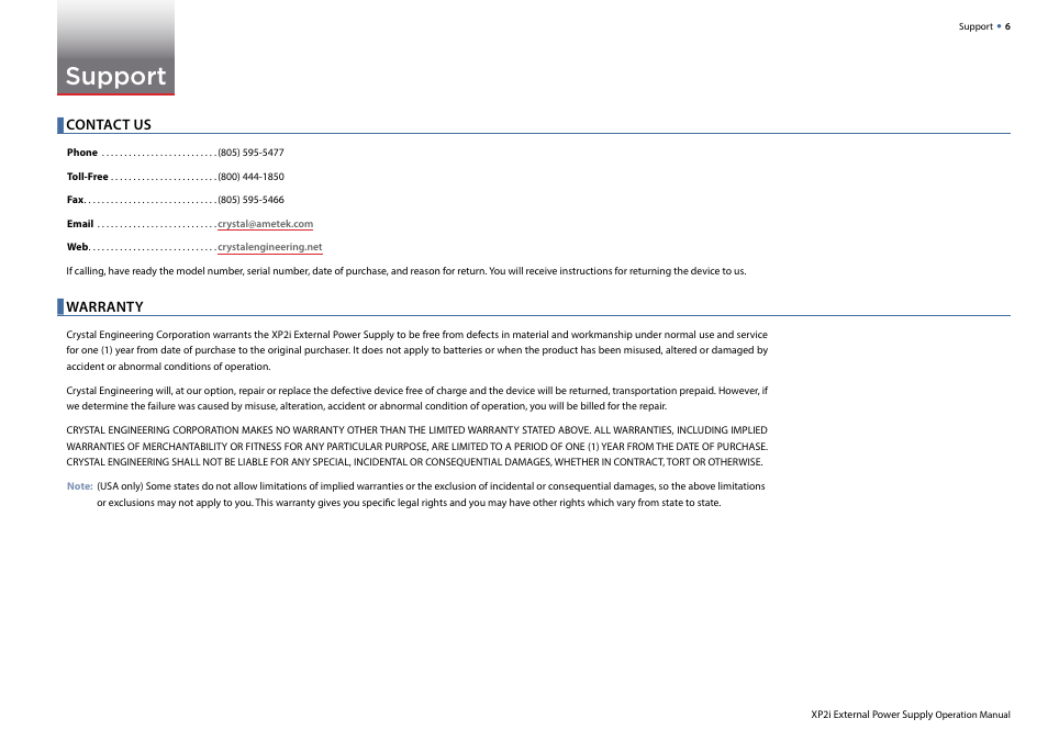 Support, Contact us, Warranty | Crystal WT Series Panel Mount Digital Pressure Gauge User Manual | Page 6 / 7