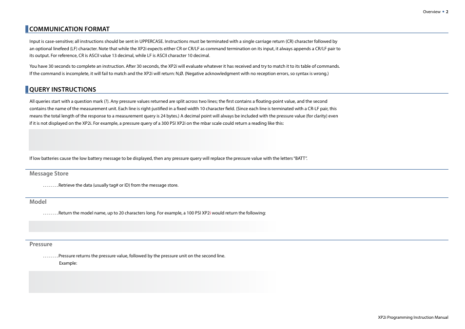 Communication format, Query instructions | Crystal XP2i-DP Digital Differential Pressure Gauge User Manual | Page 4 / 13