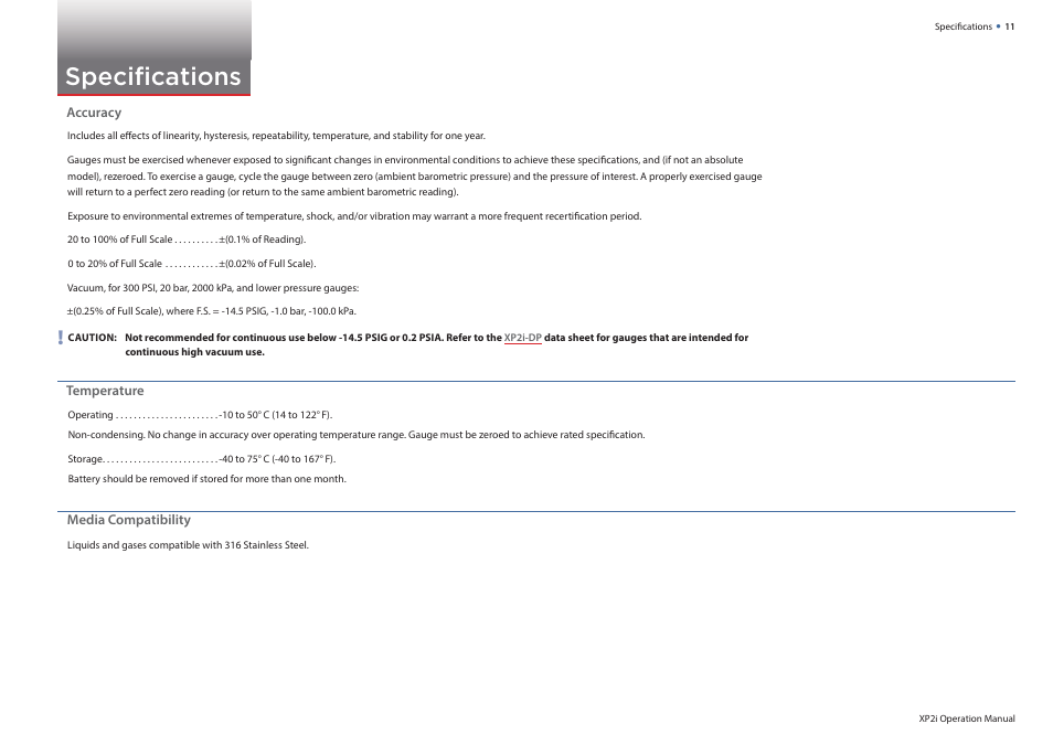 Specifi cations | Crystal WT Series Panel Mount Digital Pressure Gauge User Manual | Page 13 / 21