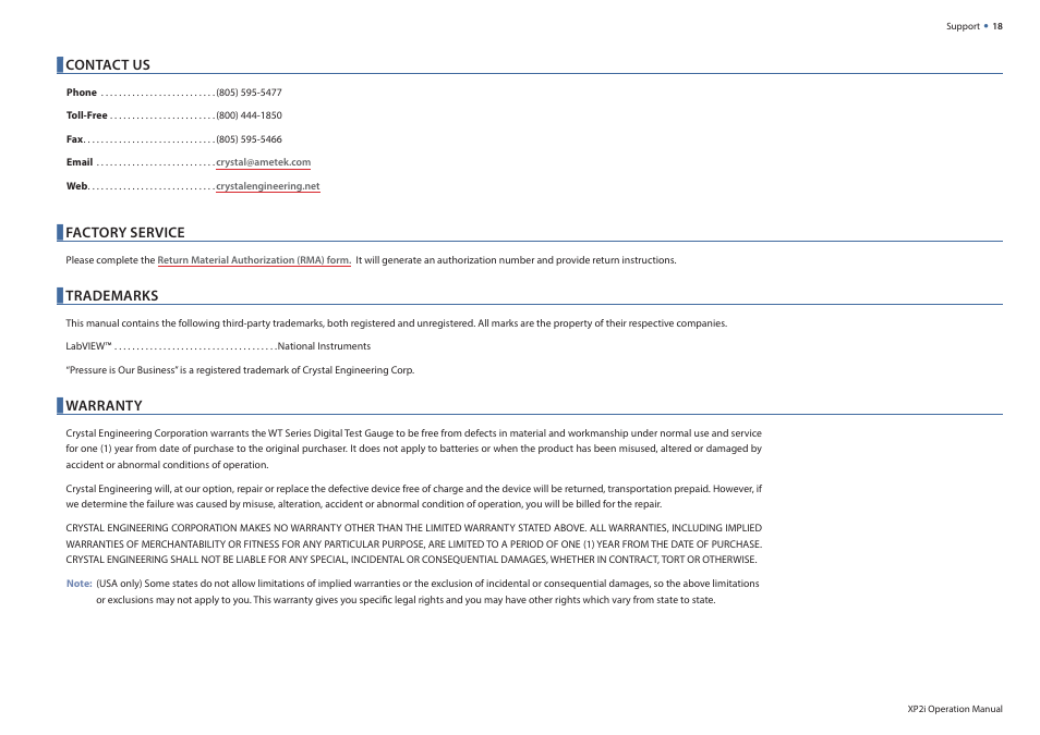 Contact us, Factory service, Trademarks | Warranty | Crystal WT Series Panel Mount Digital Pressure Gauge User Manual | Page 20 / 21