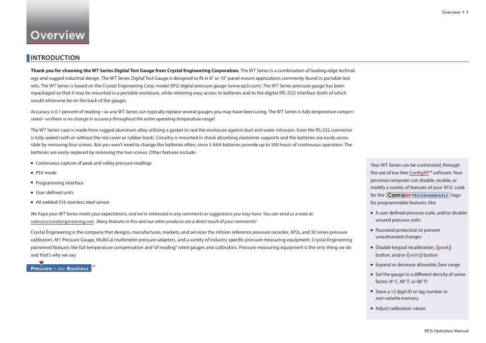 Overview, Introduction | Crystal WT Series Panel Mount Digital Pressure Gauge User Manual | Page 3 / 21