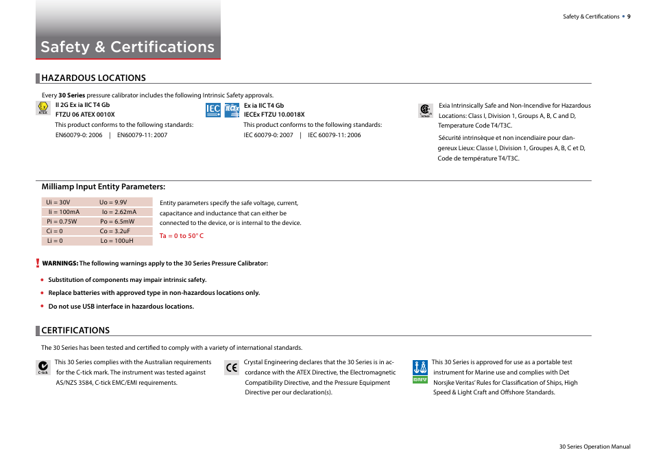 Safety & certifications, Hazardous locations, Certifications | Crystal 30 Series Digital Pressure Calibrator User Manual | Page 11 / 22