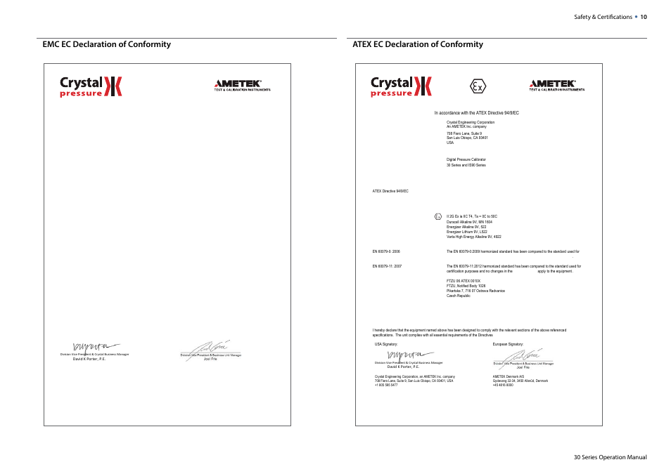 Declaration of conformity | Crystal 30 Series Digital Pressure Calibrator User Manual | Page 12 / 22