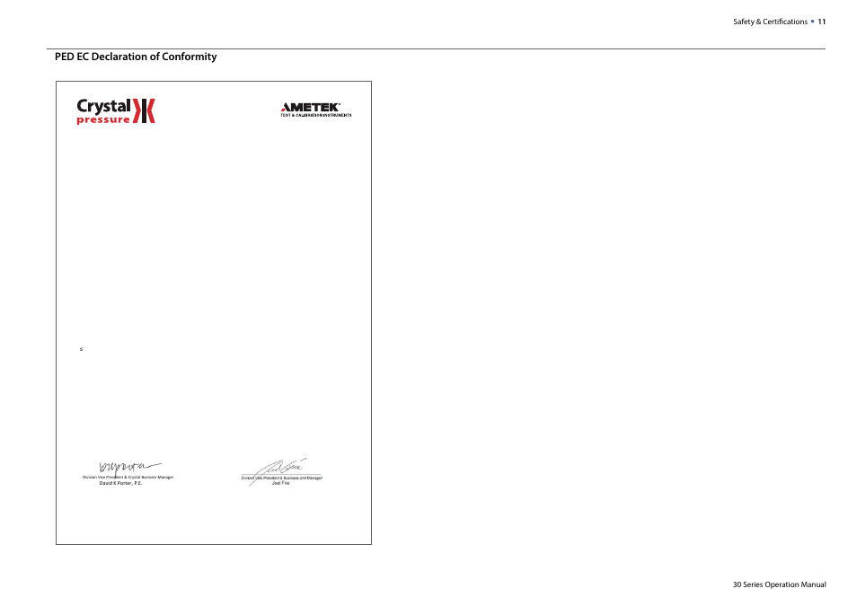 Ped ec declaration of conformity, Declaration of conformity | Crystal 30 Series Digital Pressure Calibrator User Manual | Page 13 / 22