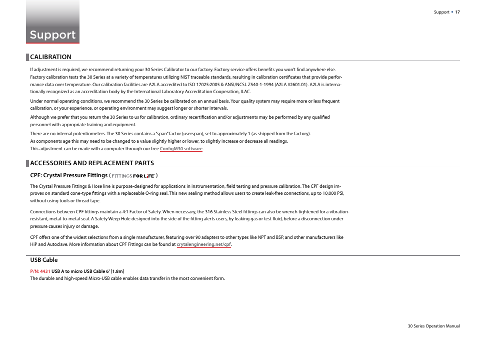 Support, Calibration, Accessories and replacement parts | Crystal 30 Series Digital Pressure Calibrator User Manual | Page 19 / 22