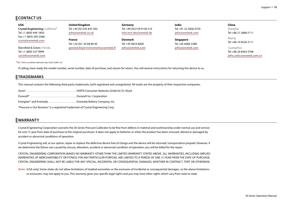 Trademarks, Warranty, Contact us | Crystal 30 Series Digital Pressure Calibrator User Manual | Page 21 / 22