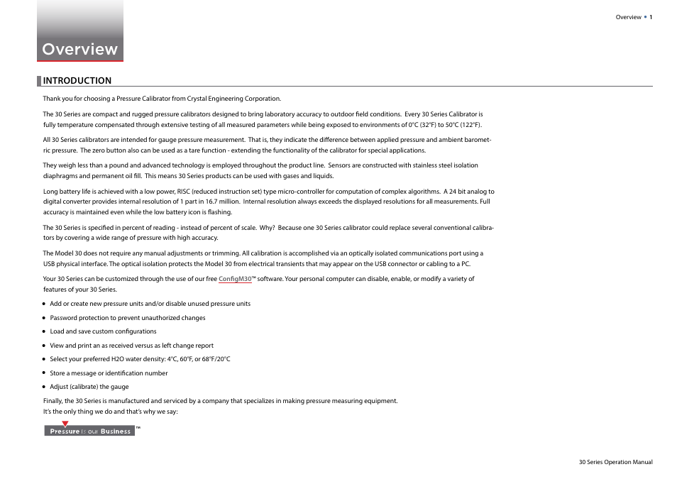 Overview, Introduction | Crystal 30 Series Digital Pressure Calibrator User Manual | Page 3 / 22