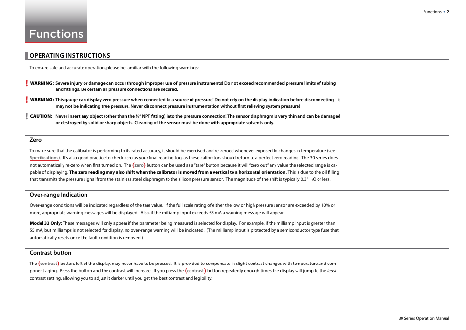 Functions, Operating instructions | Crystal 30 Series Digital Pressure Calibrator User Manual | Page 4 / 22