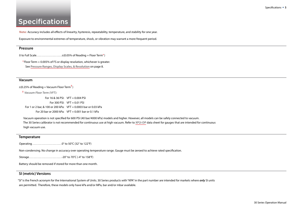 Specifications | Crystal 30 Series Digital Pressure Calibrator User Manual | Page 7 / 22