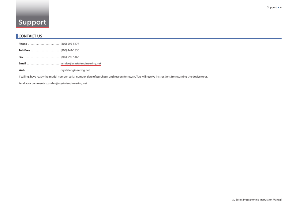 Support, Contact us | Crystal 30 Series Digital Pressure Calibrator User Manual | Page 6 / 7