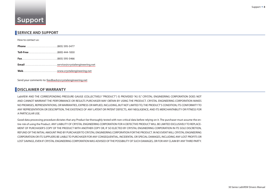 Support, Service and support, Disclaimer of warranty | Crystal 30 Series Digital Pressure Calibrator User Manual | Page 10 / 11