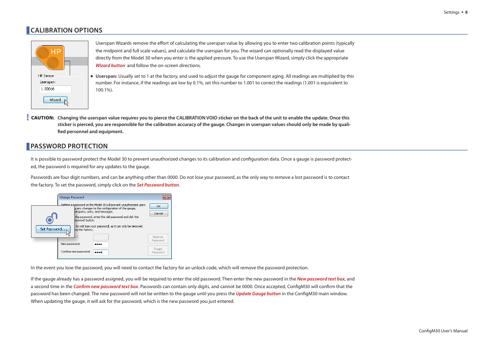 Calibration options, Password protection | Crystal ConFigM30 Digital Pressure Calibrator Software User Manual | Page 10 / 15