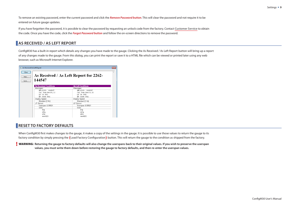 As received / as left report, Reset to factory defaults | Crystal ConFigM30 Digital Pressure Calibrator Software User Manual | Page 11 / 15