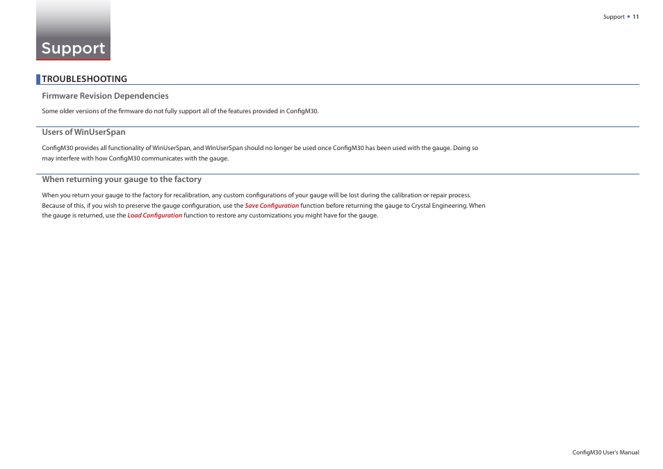 Support, Troubleshooting | Crystal ConFigM30 Digital Pressure Calibrator Software User Manual | Page 13 / 15