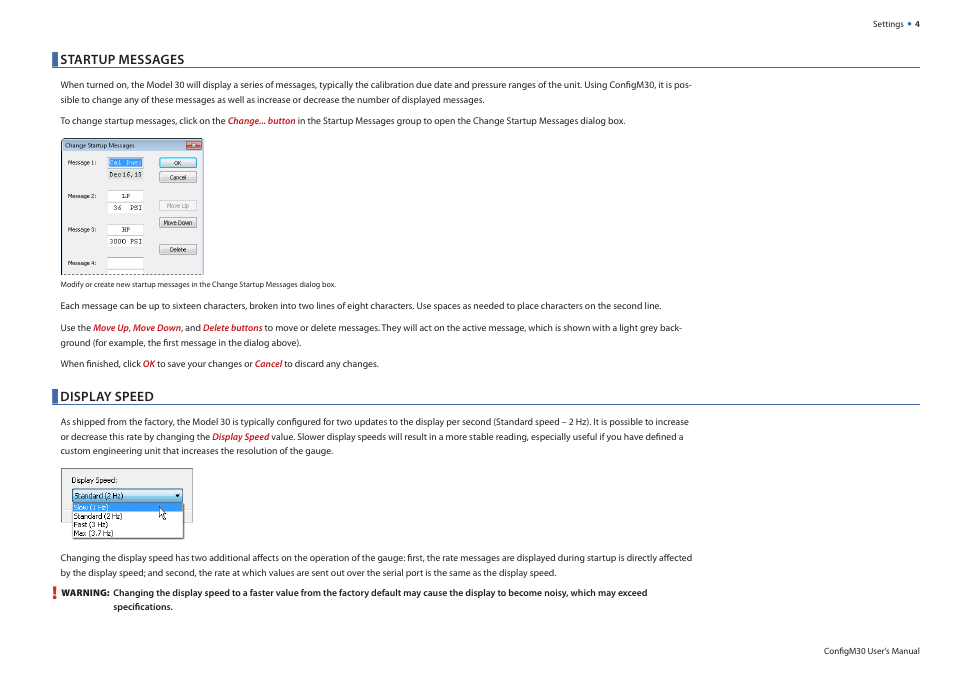 Startup messages, Display speed | Crystal ConFigM30 Digital Pressure Calibrator Software User Manual | Page 6 / 15