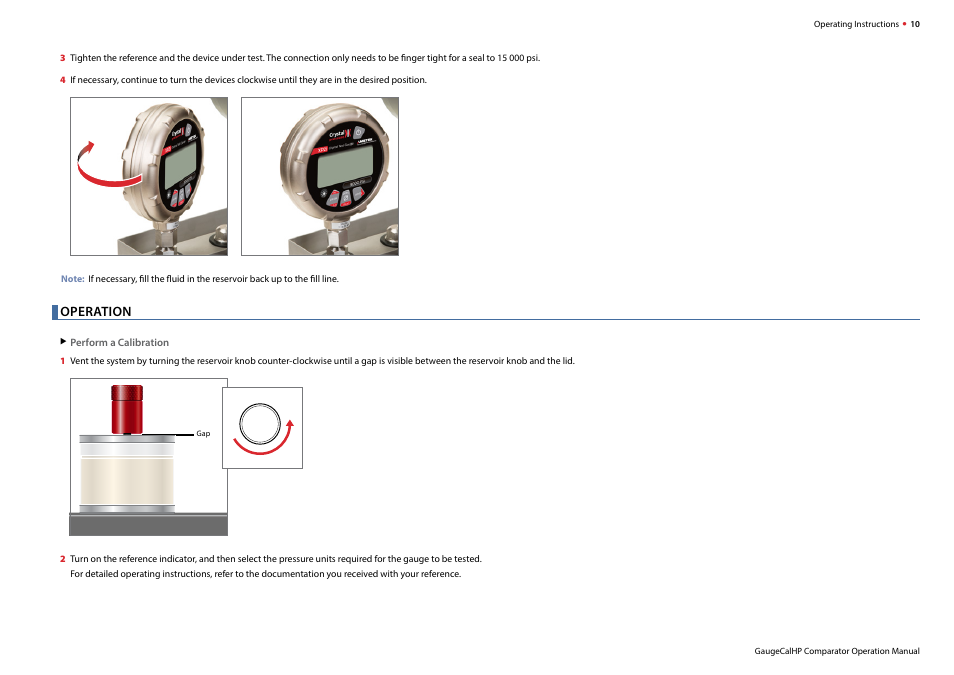 Operation | Crystal GaugeCalHP Pressure Comparator User Manual | Page 12 / 20