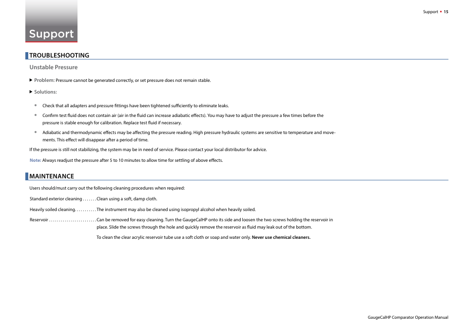Support, Troubleshooting, Maintenance | Crystal GaugeCalHP Pressure Comparator User Manual | Page 17 / 20