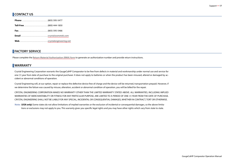 Contact us, Factory service, Warranty | Crystal GaugeCalHP Pressure Comparator User Manual | Page 19 / 20