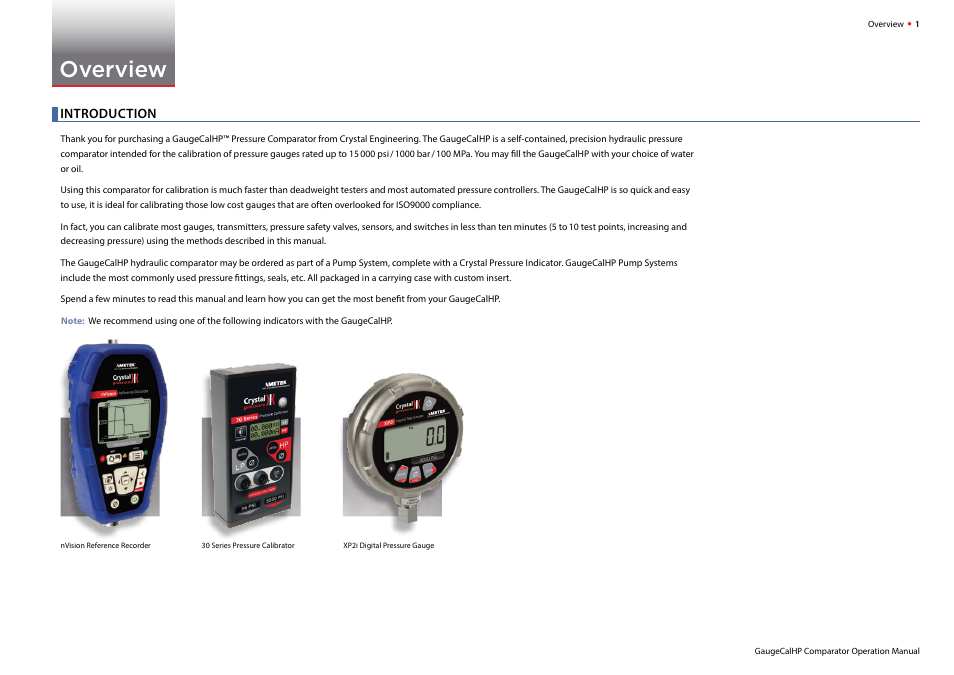Overview, Introduction | Crystal GaugeCalHP Pressure Comparator User Manual | Page 3 / 20
