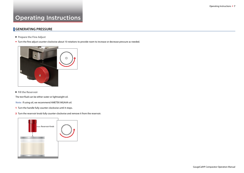 Operating instructions, Generating pressure | Crystal GaugeCalHP Pressure Comparator User Manual | Page 9 / 20