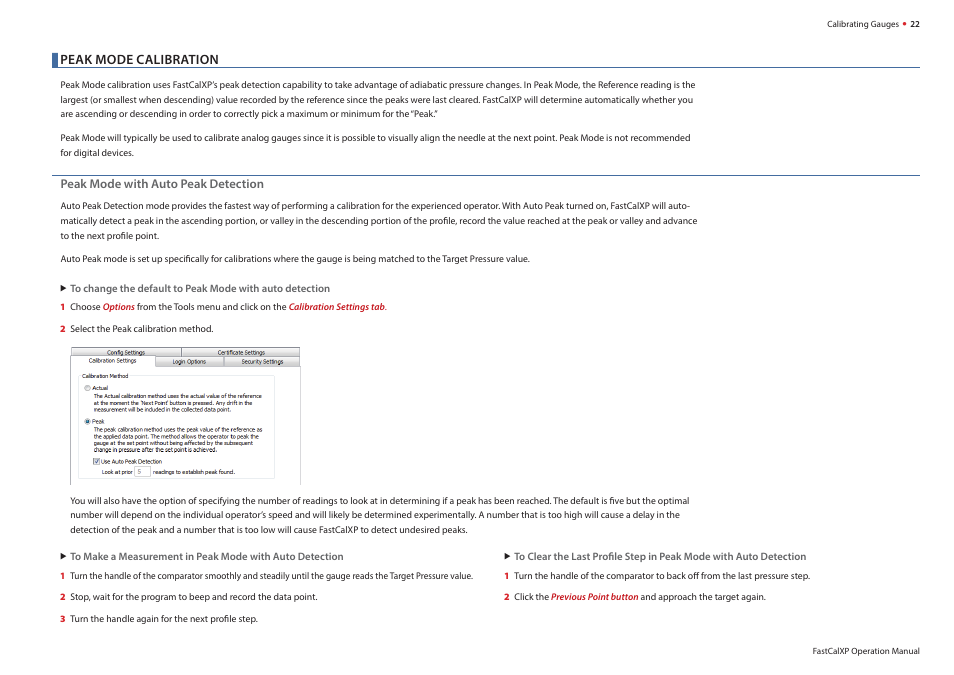 Peak mode calibration, Peak mode, Calibration | Crystal FastCalXP Calibration Software User Manual | Page 24 / 59