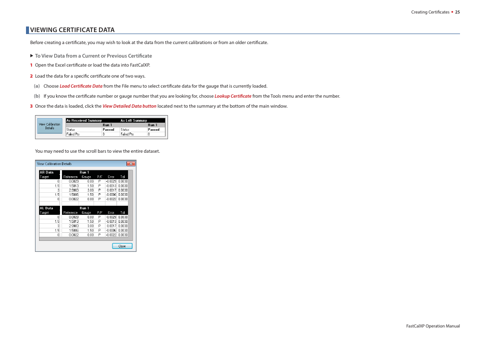 Viewing certifi cate data | Crystal FastCalXP Calibration Software User Manual | Page 27 / 59