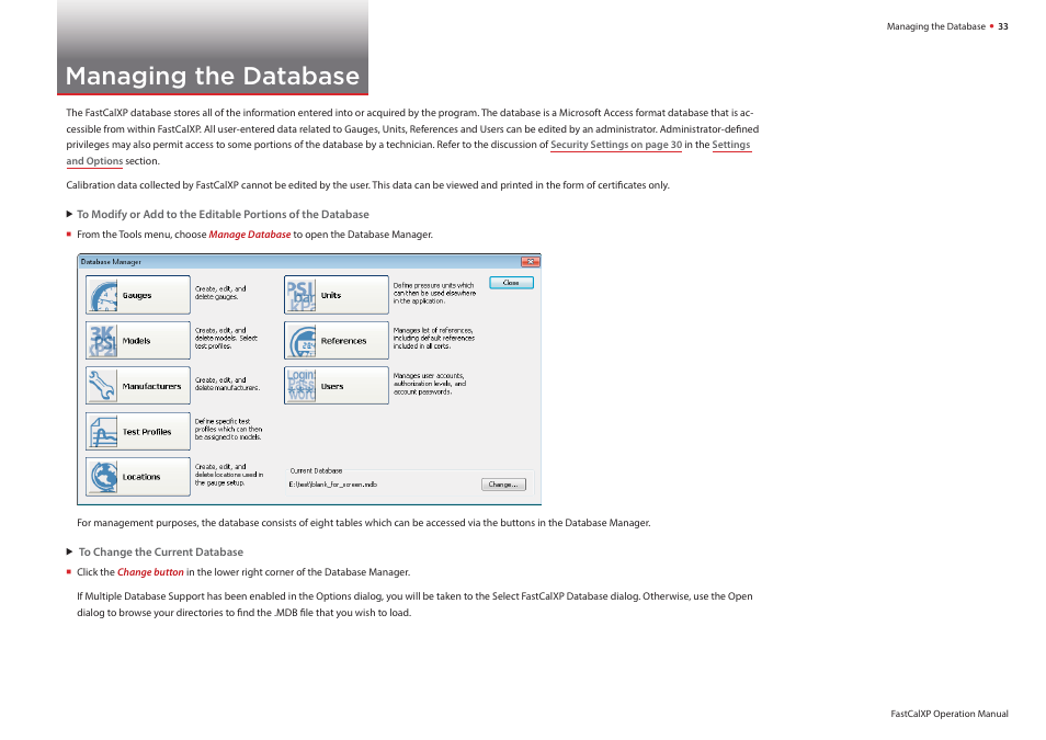 Managing the database | Crystal FastCalXP Calibration Software User Manual | Page 35 / 59