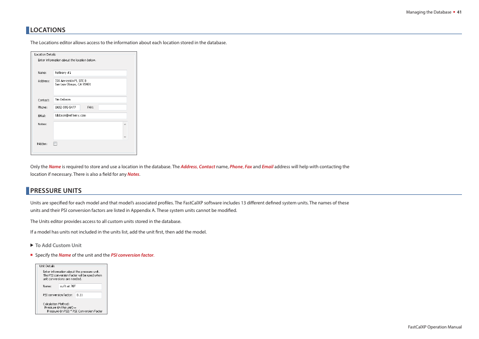 Locations, Pressure units | Crystal FastCalXP Calibration Software User Manual | Page 43 / 59