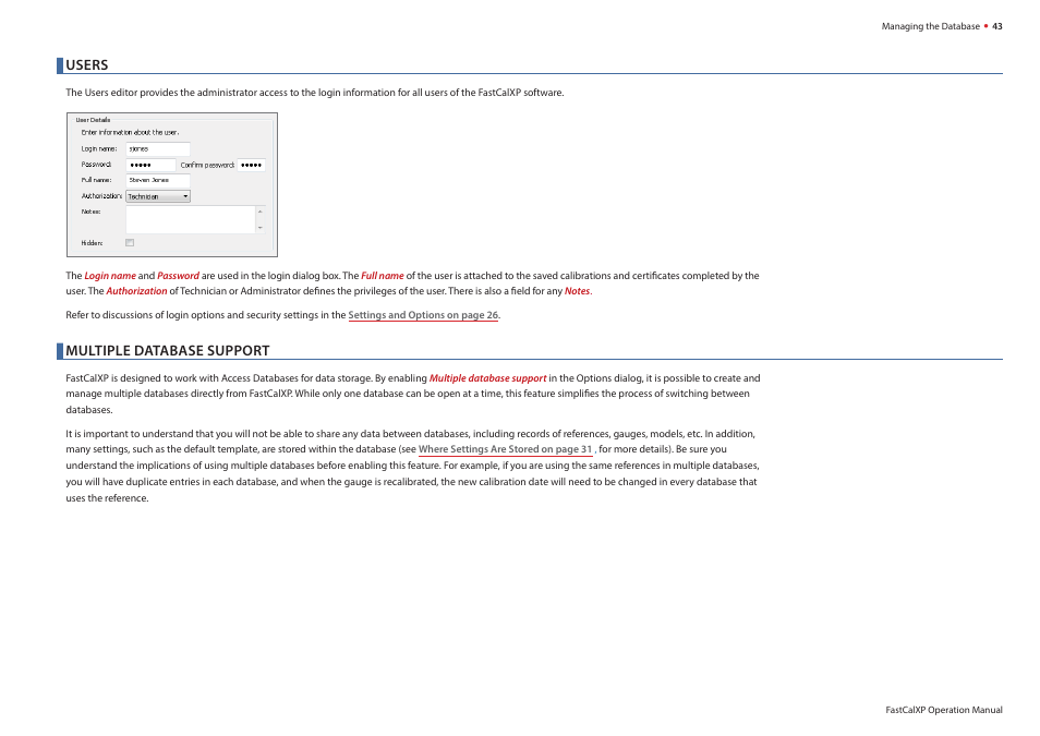 Users, Multiple database support, Multiple database sup | Port, In the | Crystal FastCalXP Calibration Software User Manual | Page 45 / 59