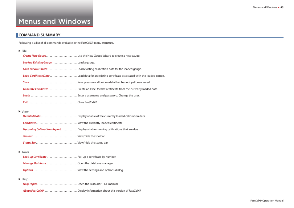 Menus and windows, In the | Crystal FastCalXP Calibration Software User Manual | Page 47 / 59