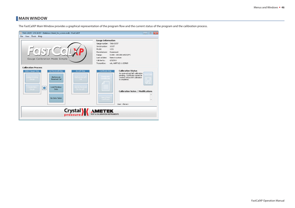 Main window | Crystal FastCalXP Calibration Software User Manual | Page 48 / 59