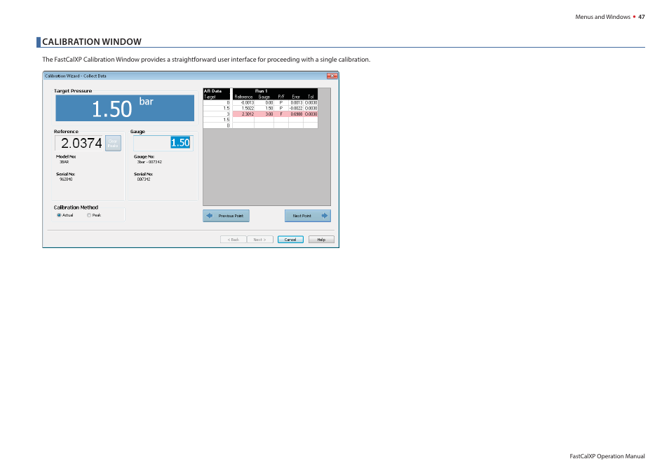 Calibration window, O description of the | Crystal FastCalXP Calibration Software User Manual | Page 49 / 59