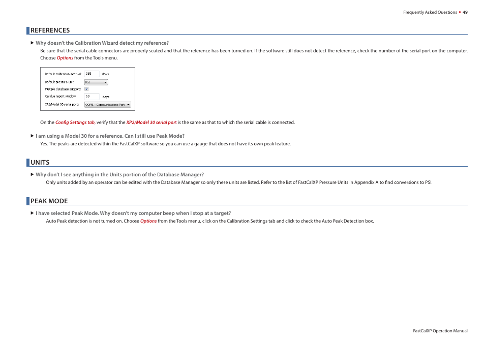 References, Units, Peak mode | Crystal FastCalXP Calibration Software User Manual | Page 51 / 59