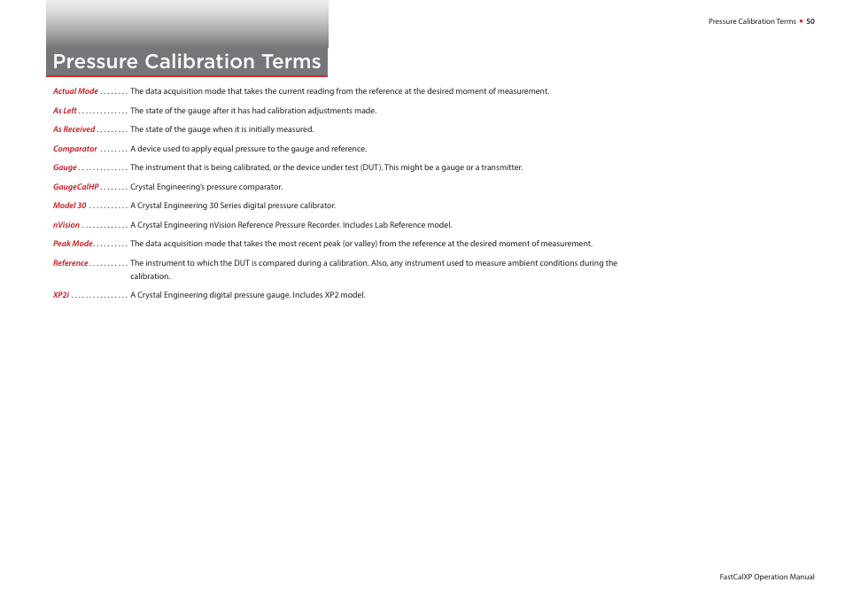 Pressure calibration terms, Appendic | Crystal FastCalXP Calibration Software User Manual | Page 52 / 59