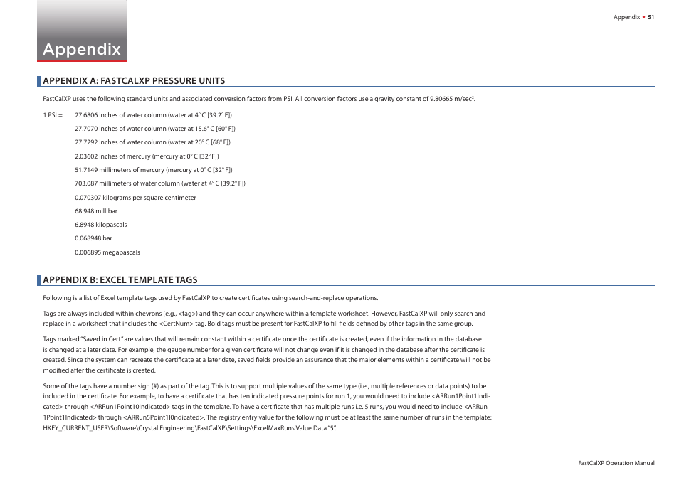 Appendix, Appendix a: fastcalxp pressure units, Appendix b: excel template tags | Appendix b: excel template, Tags, Appendix b: excel, Template tags | Crystal FastCalXP Calibration Software User Manual | Page 53 / 59