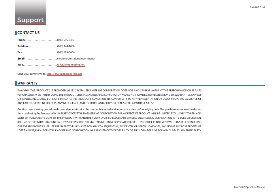 Support, Contact us, Warranty | Crystal FastCalXP Calibration Software User Manual | Page 58 / 59