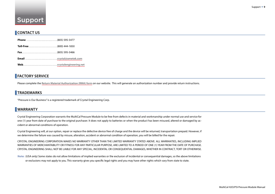Support, Contact us, Factory service | Trademarks, Warranty | Crystal MultiCal Pressure Module User Manual | Page 11 / 12